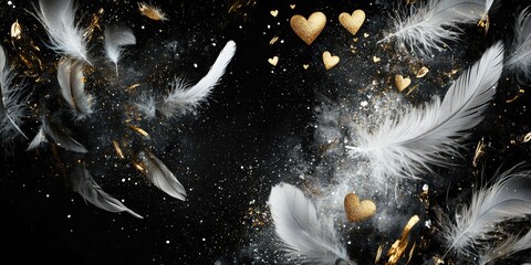 Wall Mural - Elegant composition of feathers, hearts, and gold on a black background, mystical silver mist in the air Stock photo