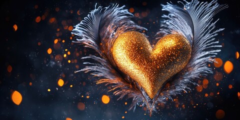 Wall Mural - feathers shaping two illuminated hearts in flight, golden heart in middle, dark gray with glittering