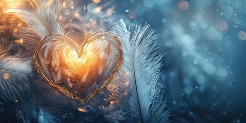Wall Mural - floating feathers weave two soft hearts, golden center glows warmly in moody silver dusted dark stoc