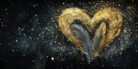 Wall Mural - Gold and feather heart fusion, dark gray and black background enhanced by floating silver dust particles Stock photo