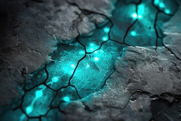 Wall Mural - glowing teal energy flows through cracked dark stone, creating a futuristic, abstract scene.