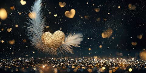Wall Mural - mystical black background scene, feathered hearts, glowing gold, and drifting silver glitter stock p