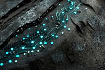 Wall Mural - circuit board embedded in dark, textured rock, glowing teal; futuristic tech concept.