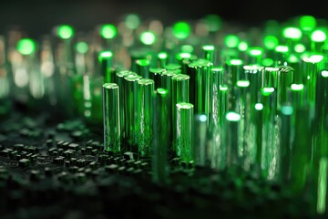 Wall Mural - abstract digital art depicting glowing green cylinders on a circuit board, representing data flow an