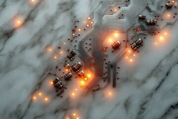 Wall Mural - glowing circuit board components on a marble background, representing technology and innovation.