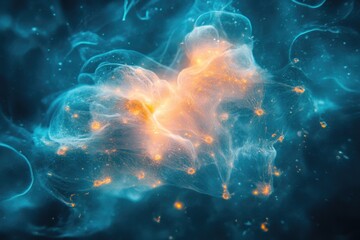 Wall Mural - abstract image depicting a nebula or cosmic cloud with swirling teal and orange hues, speckled with 