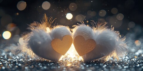Wall Mural - Romantic twin heart shapes made of soft feathers, golden heart shines between, moody shadows and silver particles Stock photo