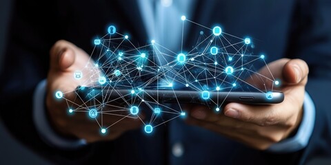 Wall Mural - social apps connected through digital web around phone in businessmanâ€™s hand stock photo