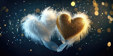 Wall Mural - Twin white hearts made of delicate feathers, gold heart shines warmly, mystical silver particles drift by Stock photo