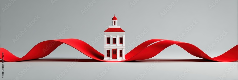 Miniature building on red ribbon creates a striking visual display of ...