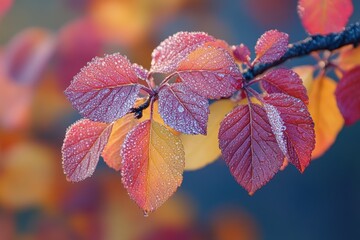 dew-covered autumn leaves glistening in the early morning sun