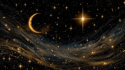 Wall Mural - celestial canvas: a breathtaking display of a crescent moon, bright star, and twinkling stars agains