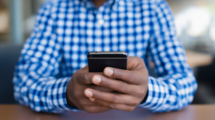 Person using smartphone and typing on screen with both hands. 
