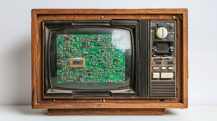 Antique wooden TV with visible circuit board