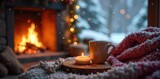 A cozy winter scene featuring a warm beverage near a fireplace, blankets, and snow falling gently outside Perfect for winter comfort, hygge, and seasonal themes , fire, drink