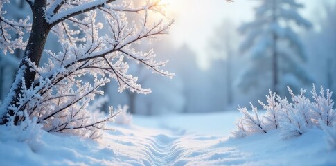 Wall Mural - A frosty winter scene with snow-covered branches gently swaying in the wind, creating a feeling of peaceful movement and cold serenity , peaceful, nature