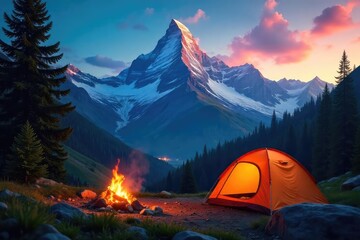 Wall Mural - A majestic mountain range looms over a serene campsite, complete with a crackling campfire and cozy tent, promising a thrilling outdoor adventure , beautiful, travel