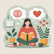 © Fly - Illustration of a woman reading with brain and heart thought bubbles and potted plants around her