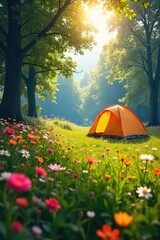 Wall Mural - A vibrant spring meadow bursting with wildflowers, a tent pitched nearby, sunlight dappling through the trees Perfect for camping, nature, and springtime themes , renewal, getaway