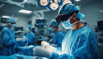 Wall Mural - a surgeon wearing a virtual reality headset performs a delicate procedure in a brightly lit operating room surrounded by a medical team.