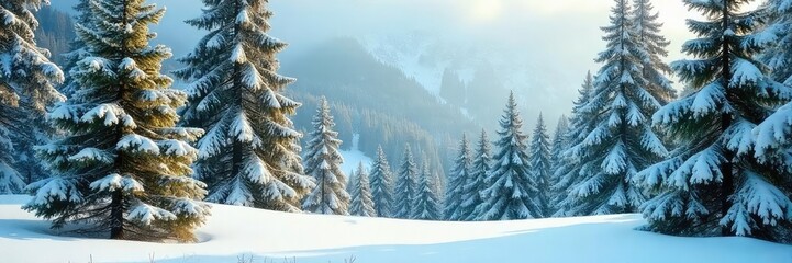 Wall Mural - A vibrant winter scene featuring lush green pine trees covered in a dusting of fresh snow, contrasting the cold and warmth of nature , forest, woods, stillness