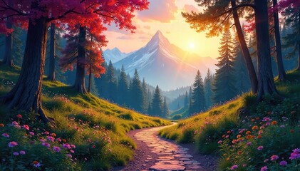 Wall Mural - A winding, scenic path through a vibrant forest leads to a distant, sunlit peak, symbolizing a transformative journey of self-discovery , branches, effort