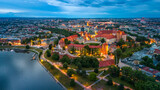 aerial view of krakow center and wawel royal castle at sunset in summer in poland