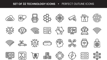 technology icons set, outline style icon vector, Industry, factory, technology progress, 5g, ai, robot, iot, robot, programming, automatic and many more
