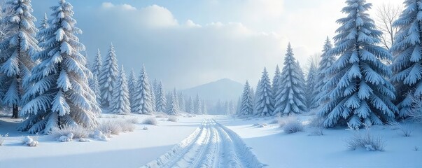 Wall Mural - Frozen winter landscape, snow covered trees and ground, serene atmosphere, beautiful winter scenery, perfect for winter themed projects , tranquil, landscape