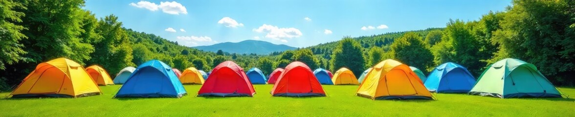Wall Mural - Rows of brightly colored tents pitched on a lush green campground, under a clear blue sky  Perfect for family adventures and outdoor recreation , animals, gear, camping