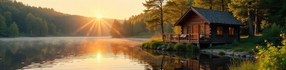Wall Mural - Rustic lakeside cabin bathed in golden sunlight, inviting and peaceful Perfect for summer getaways, featuring charming details and a tranquil atmosphere , stone, serene, property