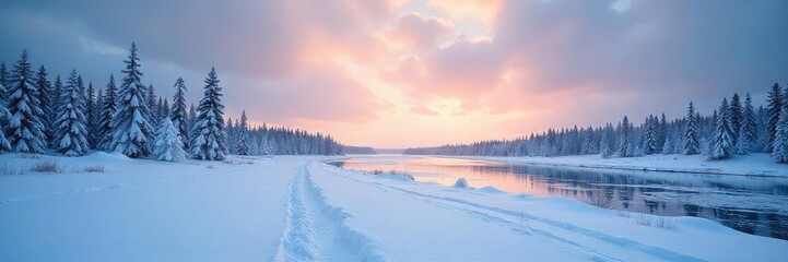 Wall Mural - Vast, snow-covered Siberian landscape stretching to the horizon Frozen lake, towering pines, dramatic winter sky Perfect for travel, nature, and winter themes , mountains, untouched