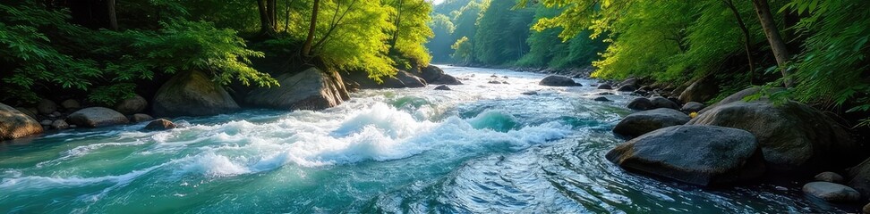 Wall Mural - A fast-flowing river rushes through a vibrant green forest, sunlight dappling the water's surface  The scene evokes a sense of untamed natural energy and powerful movement ,  wilderness,  movement