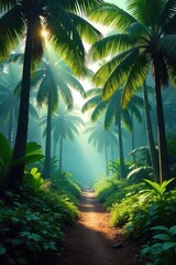 Wall Mural - Dense palm tree forest, sunlight filtering through leaves, creating dappled shadows on the ground  Lush tropical vegetation, vibrant green foliage, tranquil scene ,  paradise,  peaceful,  sunlight