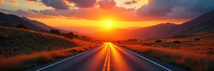 Wall Mural - Golden hour light bathes a winding road leading towards a vibrant sunrise, casting long shadows across the landscape Perfect for travel, adventure, and nature themes , scenic, fields
