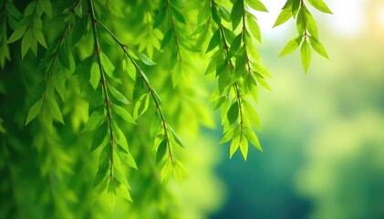 Wall Mural - Intricate, delicate willow branches laden with vibrant green foliage sway gently in a summer breeze Perfect for nature, spring, and environmental themes , green, peace, willow tree