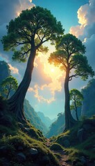 Wall Mural - Majestic ancient trees pierce a vibrant, cloud-filled sky, creating a breathtaking sky forest scene Sunlight filters through the canopy, illuminating the mystical landscape below , hill, sky