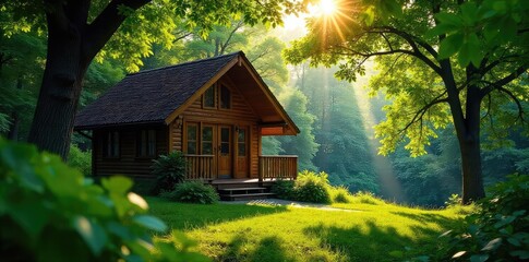 Wall Mural - Serene bungalow nestled amongst lush green trees, sunlight dappling through leaves Perfect for relaxation and escape Ideal for travel and nature themed projects , flora, rustic, forest
