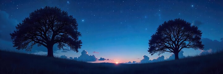Wall Mural - Silhouetted trees against a starlit sky, crickets chirping, a sense of peace and mystery pervades the night  Perfect for meditation, spirituality, and nighttime themes ,  atmosphere,  light