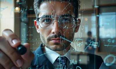 Man writing on glass with equations Focus, science, knowledge