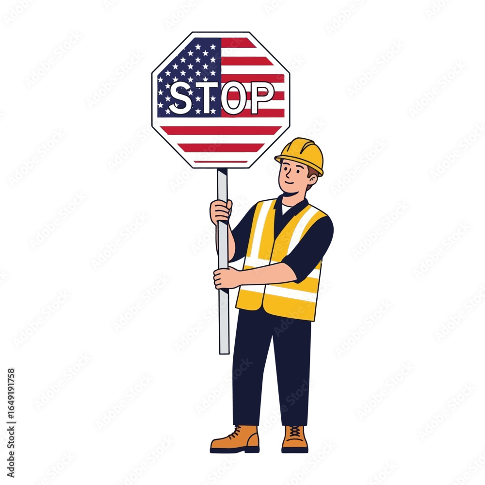 American Flag Stop Sign: A diligent construction worker, adorned in ...