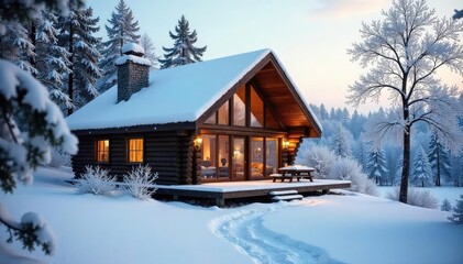 Wall Mural - Cozy cabin nestled in a snowy landscape, perfect for a winter retreat Large windows offer stunning views of frosted trees and a tranquil atmosphere , snow, fireplace, forest