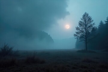 Wall Mural - Eerie, atmospheric fog rolling over a dark, mysterious landscape Perfect for fantasy, horror, or thriller projects Ideal for backgrounds and textures , mist, spooky