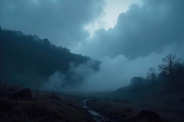 Wall Mural - Eerie, atmospheric fog rolling over a dark, mysterious landscape Perfect for fantasy, horror, or thriller projects Ideal for backgrounds and textures , moody, dark, forest
