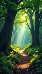 Wall Mural - Enchanted woodland path, dappled sunlight filtering through ancient trees, lush foliage, mystical atmosphere Perfect for fantasy, fairytale, and nature themes , fairytale forest, magic