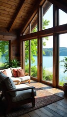 Wall Mural - Rustic lakeside summer home with expansive windows offering breathtaking views, perfect for a peaceful getaway Enjoy the tranquility and natural beauty , serenity, nature, vacation rental