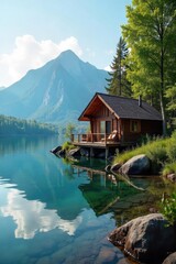 Wall Mural - Serene lakeside cabin retreat, perfect for a rejuvenating leave wellness escape Enjoy tranquility and reconnect with nature for optimal relaxation and self-care , quiet, nature therapy, breathe
