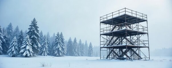 Wall Mural - Stark winter landscape featuring a metal scaffolding structure against a backdrop of snow-covered trees and a frosty sky  Perfect for construction, winter, and industrial themes , sky, weather
