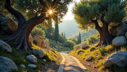 Wall Mural - Sun-dappled ancient Greek forest, sunlight filtering through olive trees and cypress, rocky terrain, evocative of mythology and history , leaves, rocky ground, mystical