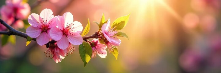Wall Mural - Sunlight warms vibrant spring blossoms on a blooming tree branch, gentle breeze rustling leaves Perfect for themes of renewal, growth, and the beauty of springtime , nature, flowering